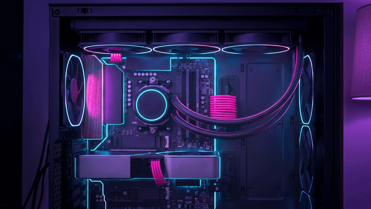 Illustration: ein langer Radiator mit drei Lüftern sitzt unter dem Deckel eines PC-Gehäuses, zwei Schläuche führen zum Kühlblock auf dem Prozessor