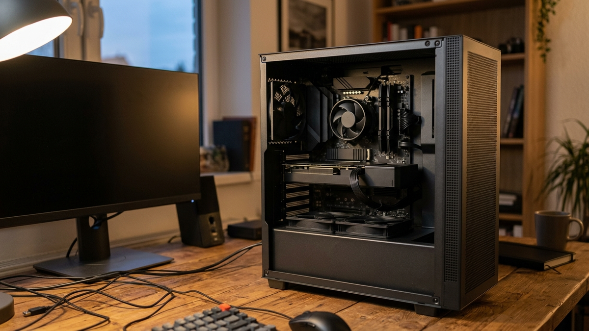Illustration: ein offener PC-Midi-Tower ohne Seitenwand steht abends auf einem Schreibtisch, eine Gehäuseseite ist ein feines Gitter, innen ein Prozessorkühler mit rundem Lüfter und eine schlichte Grafikkarte über der Netzteilabdeckung, links daneben ein dunkler Bildschirm