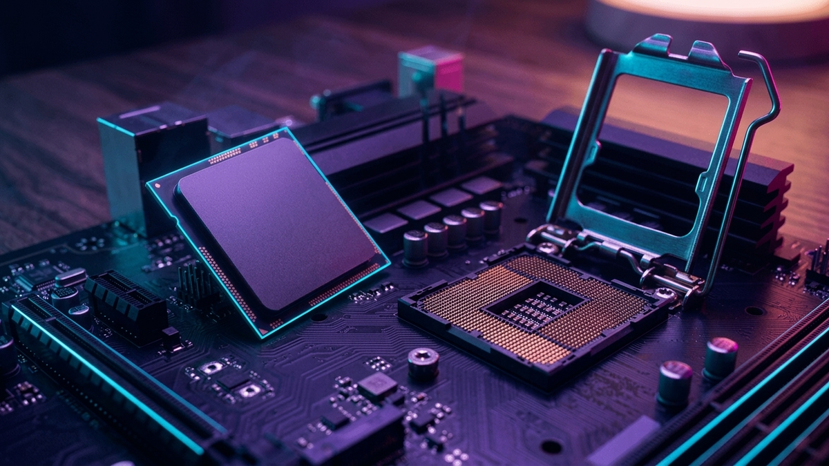 Illustration: ein Prozessor liegt schräg neben einem geöffneten AM4-Sockel auf einem Mainboard, der Hebel steht offen
