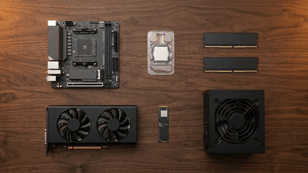 Illustration: Draufsicht auf die Teile eines PCs, ordentlich nebeneinander gelegt: Mainboard, Prozessor, zwei Speicherriegel, Grafikkarte, SSD und Netzteil