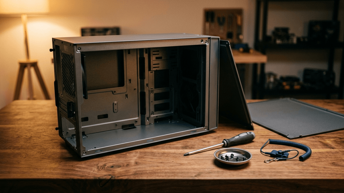 Illustration: ein leeres PC-Gehäuse ohne Seitenteil auf einem Holztisch, daneben Schraubendreher, eine Schale mit Schrauben und ein Antistatik-Armband