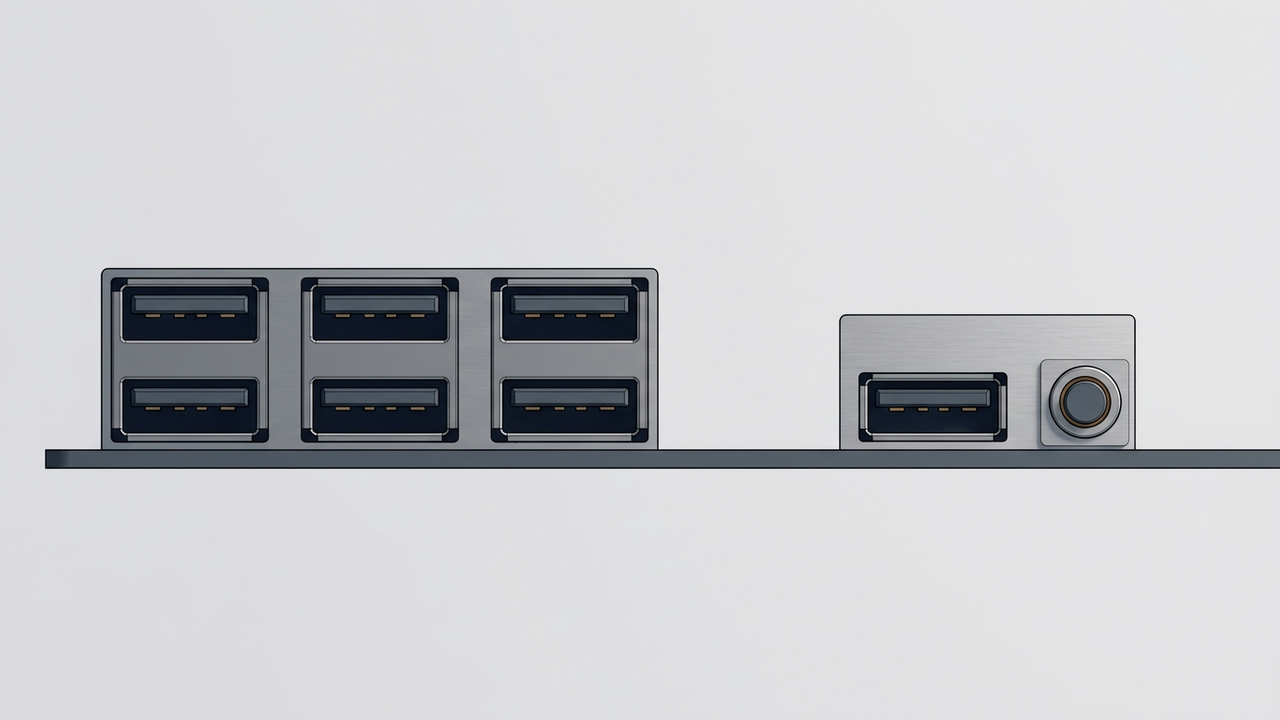 Illustration: Ausschnitt einer Mainboard-Anschlussleiste — links ein Block flacher USB-Buchsen in zwei Reihen, rechts davon abgesetzt eine einzelne weitere Buchse, direkt daneben ein kleiner runder Taster