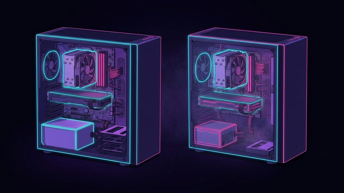 Illustration: zwei PC-Gehäuse mit gläserner Seitenwand nebeneinander – Prozessorkühler und Grafikkarte sind gleich und hervorgehoben, Netzteil und Mainboard unterscheiden sich
