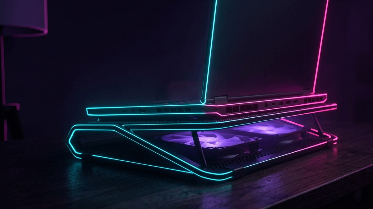 Illustration: ein Gaming-Laptop auf einem Kühlständer mit zwei Lüftern