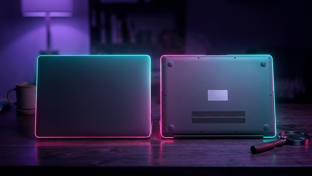 Illustration: zwei gleich aussehende Laptops, einer umgedreht mit leerem Typenschild, daneben eine Lupe