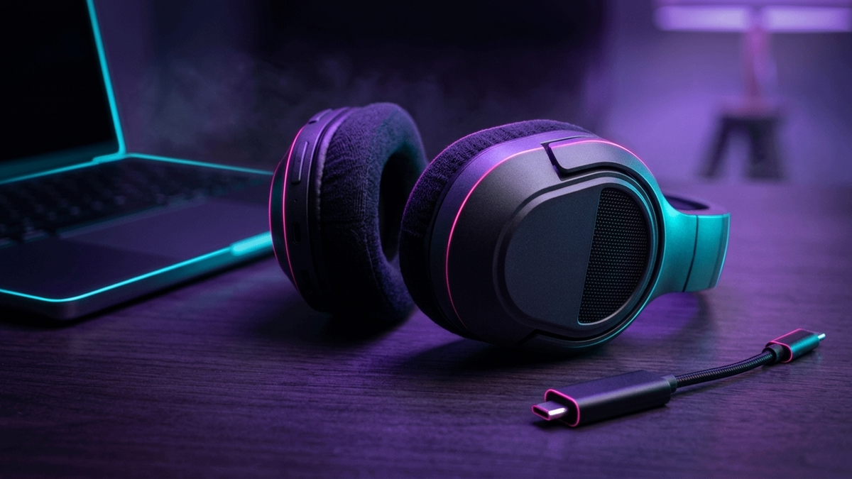 Illustration: die Ohrmuschel eines erfundenen kabellosen Headsets auf einem dunklen Schreibtisch, davor ein kleiner USB-C-Funkempfänger an einer kurzen Verlängerung, warmes Lampenlicht, keine Markenzeichen