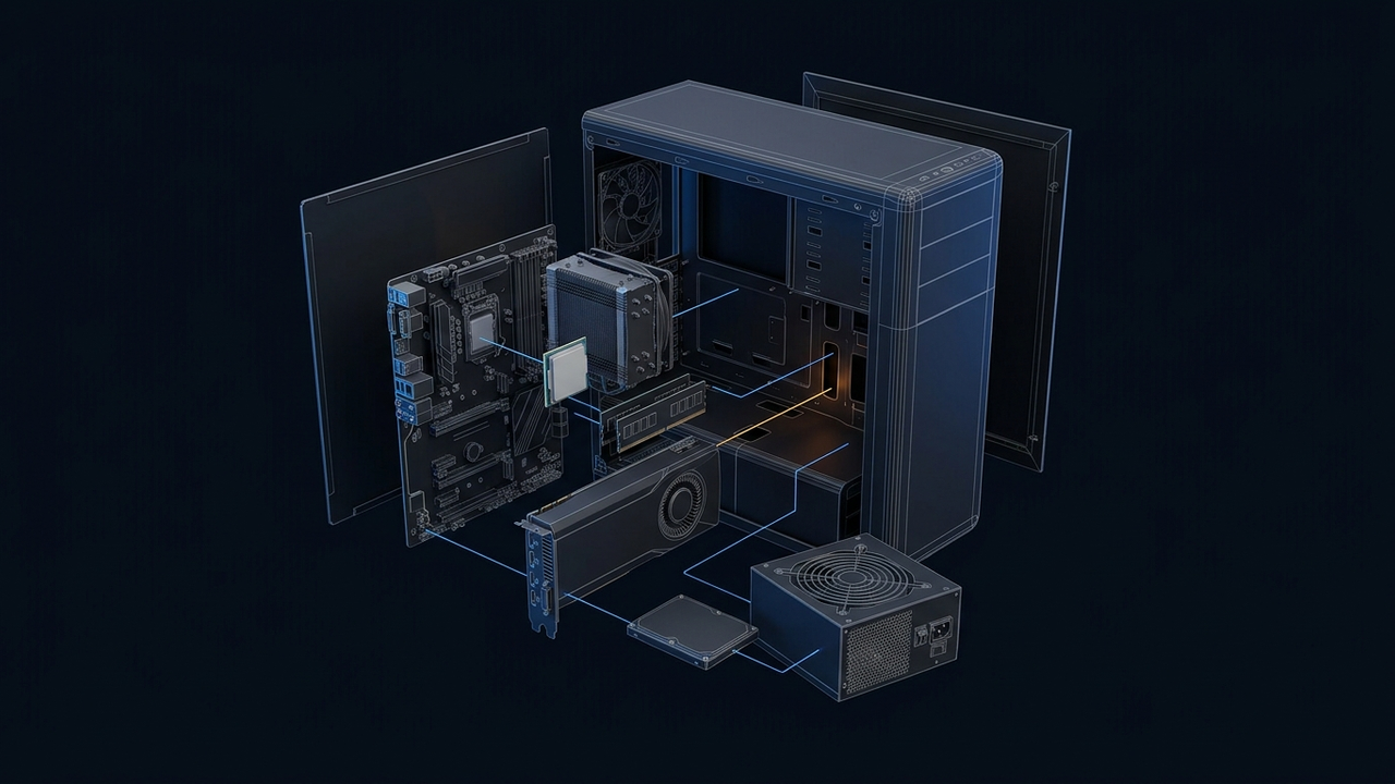 Illustration: die Teile eines Gaming-PCs als Explosionsdarstellung, Gehäuse mit abgenommenen Seitenteilen, Mainboard, Prozessor mit Kühler, Arbeitsspeicher, Grafikkarte, Laufwerk und Netzteil, verbunden durch blaue Hilfslinien