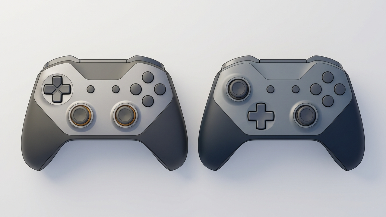Illustration: zwei Gamepad-Bauformen nebeneinander — links liegen beide Sticks auf gleicher Höhe unten, rechts sitzt der linke Stick oben und der rechte unten