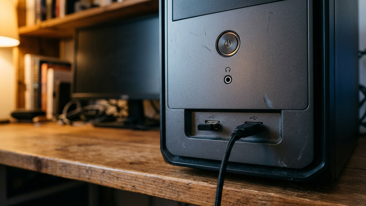Illustration: ein kleiner Funkadapter steckt in einer USB-Buchse an der Vorderseite eines Rechners, daneben hängt ein Kabelstecker aus der zweiten Buchse
