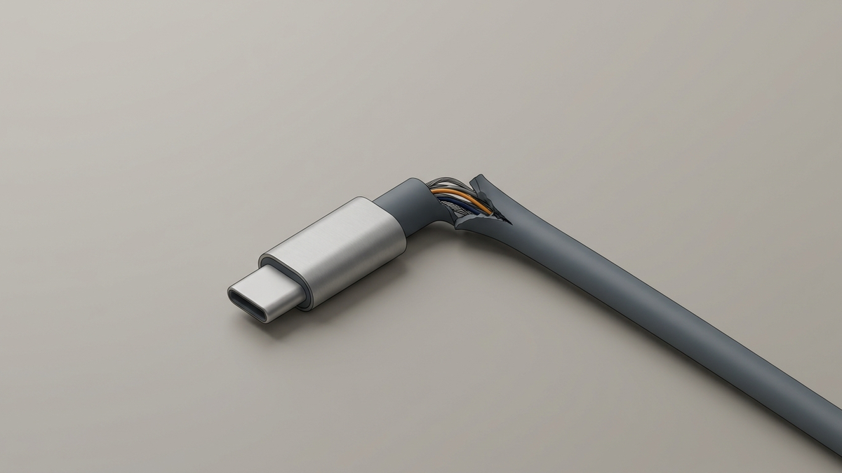 Illustration: ein USB-Kabel mit einem kleinen ovalen Stecker liegt auf einem Schreibtisch, dicht hinter dem Stecker ist das Kabel scharf geknickt und der Mantel aufgerissen, darunter sind feine Adern zu sehen