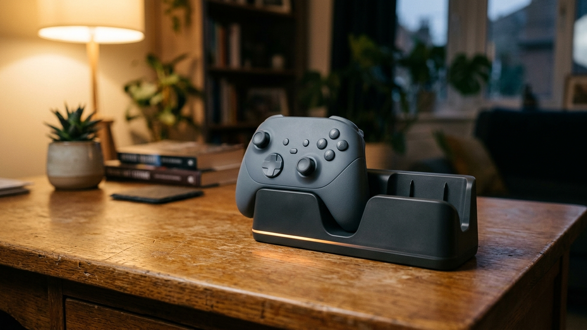 Illustration: eine kleine Ladestation mit zwei Plätzen steht abends auf einem Schreibtisch, in einem Platz steckt aufrecht ein Gamepad, am Sockel der Station leuchtet ein schmaler oranger Streifen, der zweite Platz ist leer