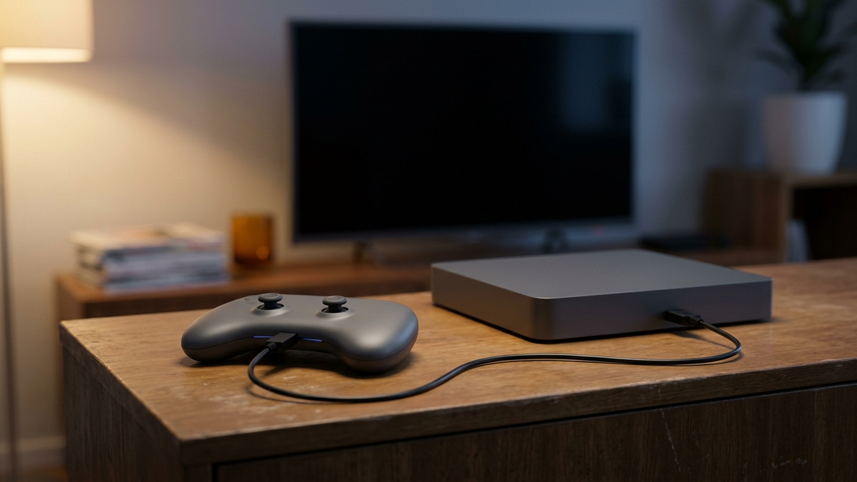 Illustration: ein rundliches Gamepad liegt abends vor einer flachen Konsole auf einem Sideboard, ein Kabel verbindet beide, die Lichtleiste am Gamepad ist dunkel, im Hintergrund ein ausgeschalteter Fernseher