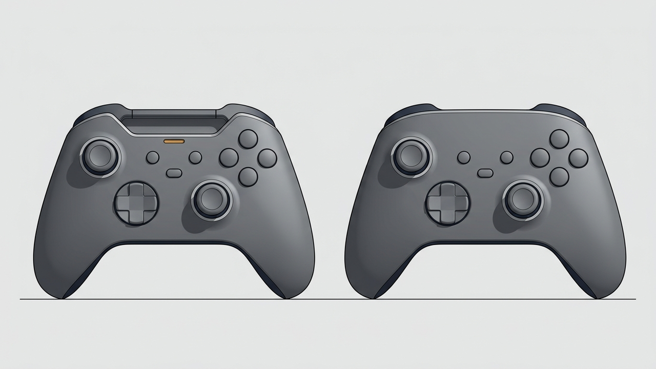 Illustration: zwei sonst gleiche Gamepads von vorn auf gleicher Grundlinie, das linke mit einer Rinne quer über der Oberkante, das rechte mit glatter Kante