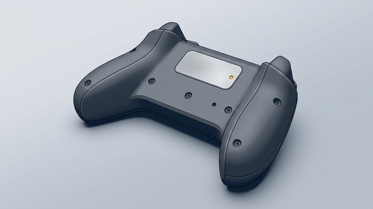 Illustration: die Rückseite eines Gamepads von schräg oben, in der Fläche neben der Schraube sitzt eine sehr kleine runde Vertiefung