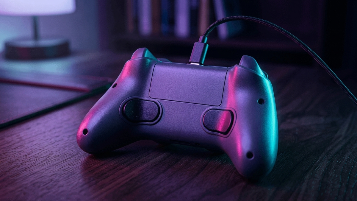 Illustration: die Unterseite eines erfundenen Gamepads mit zwei kleinen Rücktasten und eingestecktem Kabel liegt auf einem dunklen Schreibtisch, warmes Lampenlicht, keine Beschriftung