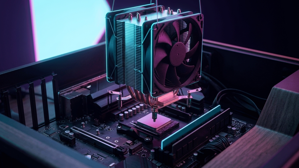 Illustration: ein Turmkühler mit zwei Lüftern wird von oben auf einen Prozessor in einem Mainboard gesetzt, die Halteklammern stehen seitlich ab