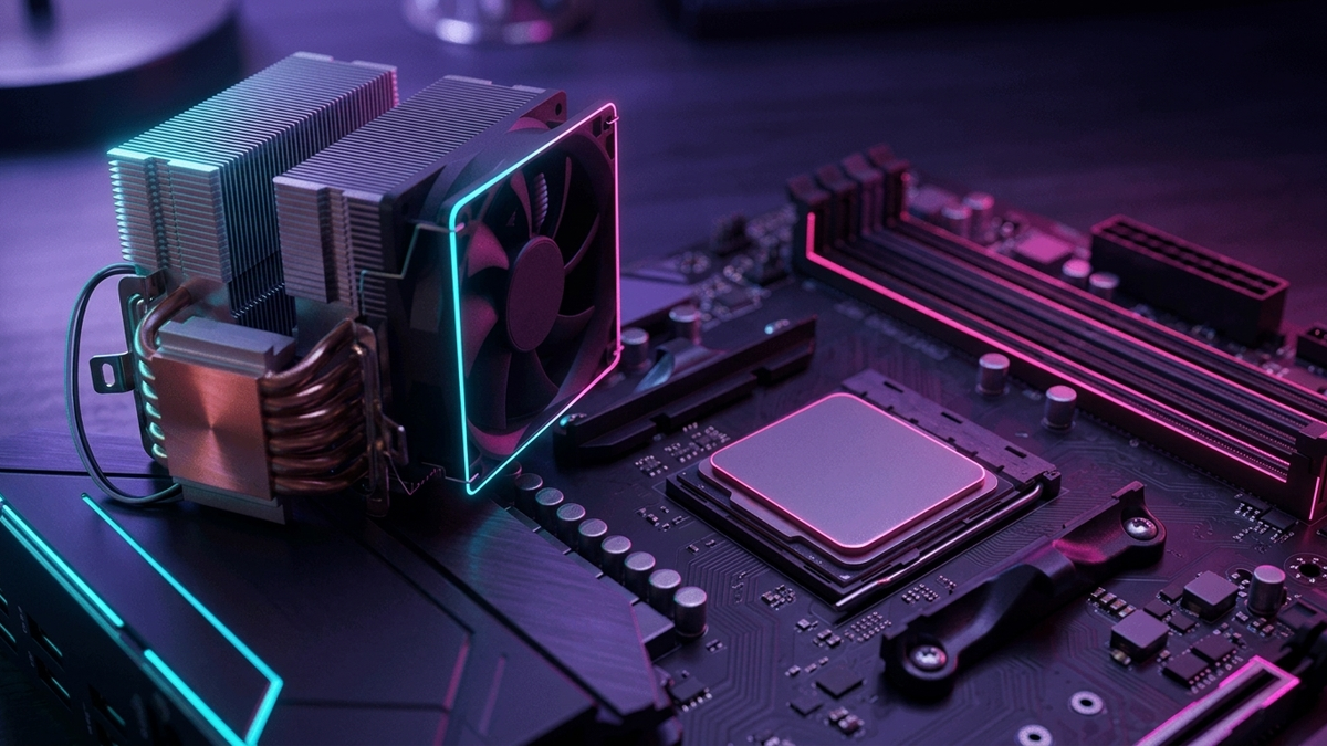 Illustration: ein Prozessor mit schlichtem Metalldeckel sitzt im Sockel eines dunklen Mainboards, daneben steht ein Doppelturmkühler mit Heatpipes zum Einbau bereit