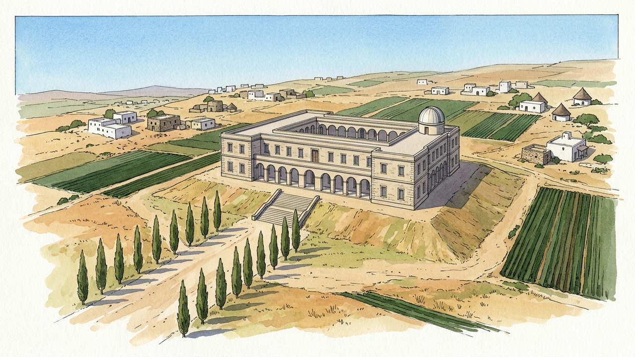 Illustration: ein großes Institutsgebäude mit Innenhof und Observatorium auf einer Anhöhe