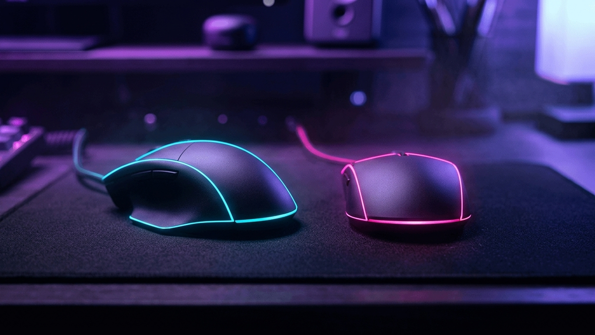 Illustration: zwei erfundene Gaming-Mäuse von hinten nebeneinander auf einem dunklen Mauspad, links eine ergonomische mit nach rechts abfallender Schale, rechts eine flache symmetrische, warmes Lampenlicht