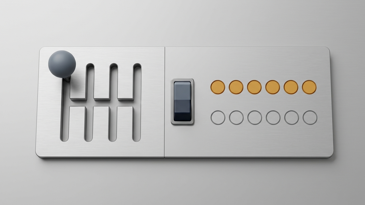 Illustration: eine technische Erklärtafel, links das H-Muster einer Sechsgang-Schaltkulisse als einfache Linienzeichnung, rechts daneben zwei Reihen mit je sechs kleinen Kreisen als Gangsätze, dazwischen ein Kippschalter-Symbol, ohne Text und ohne Markennamen