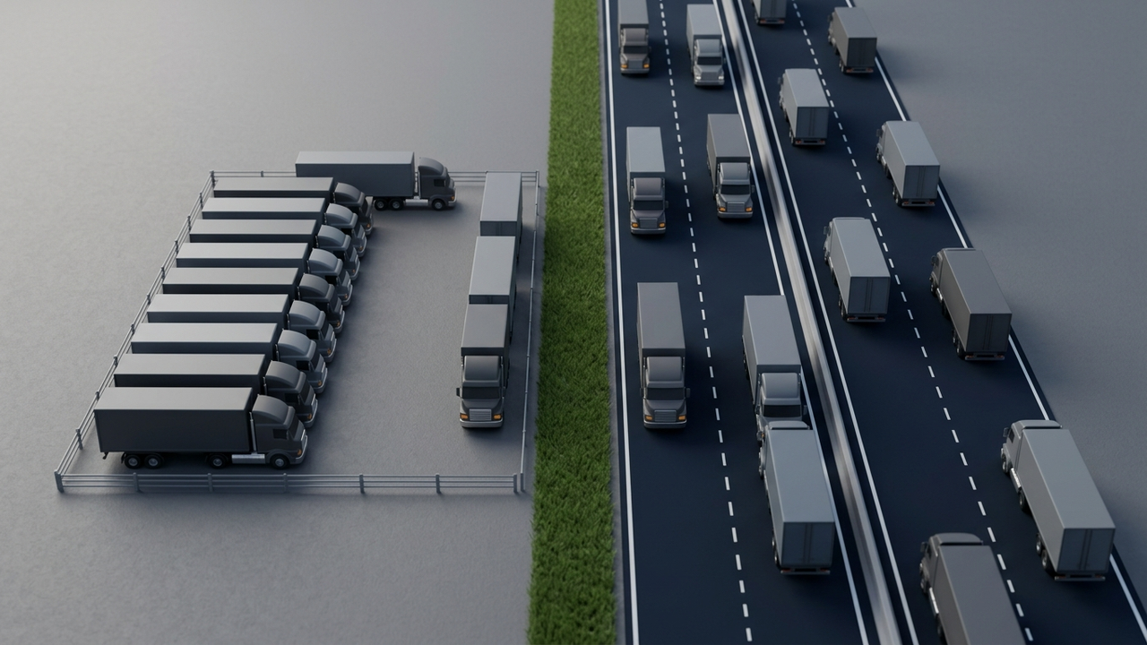 Illustration: links eine Gruppe erfundener Lkw ohne Aufschrift ordentlich geparkt in einem umzäunten Hof, rechts viele gleichartige Lkw auf einer offenen mehrspurigen Straße, dazwischen ein schmaler Grünstreifen