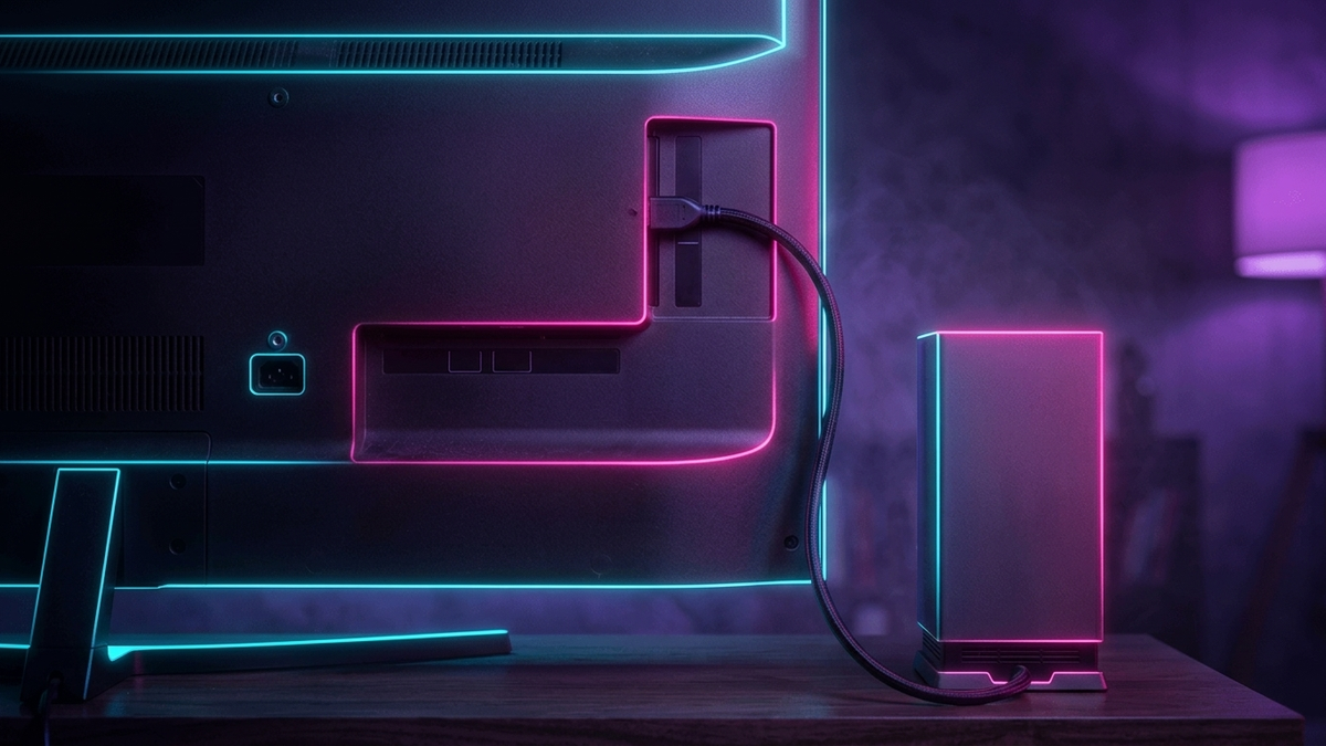 Illustration: Rückseite eines Fernsehers mit eingestecktem HDMI-Kabel, das zu einer schlichten Spielkonsole auf dem Lowboard führt