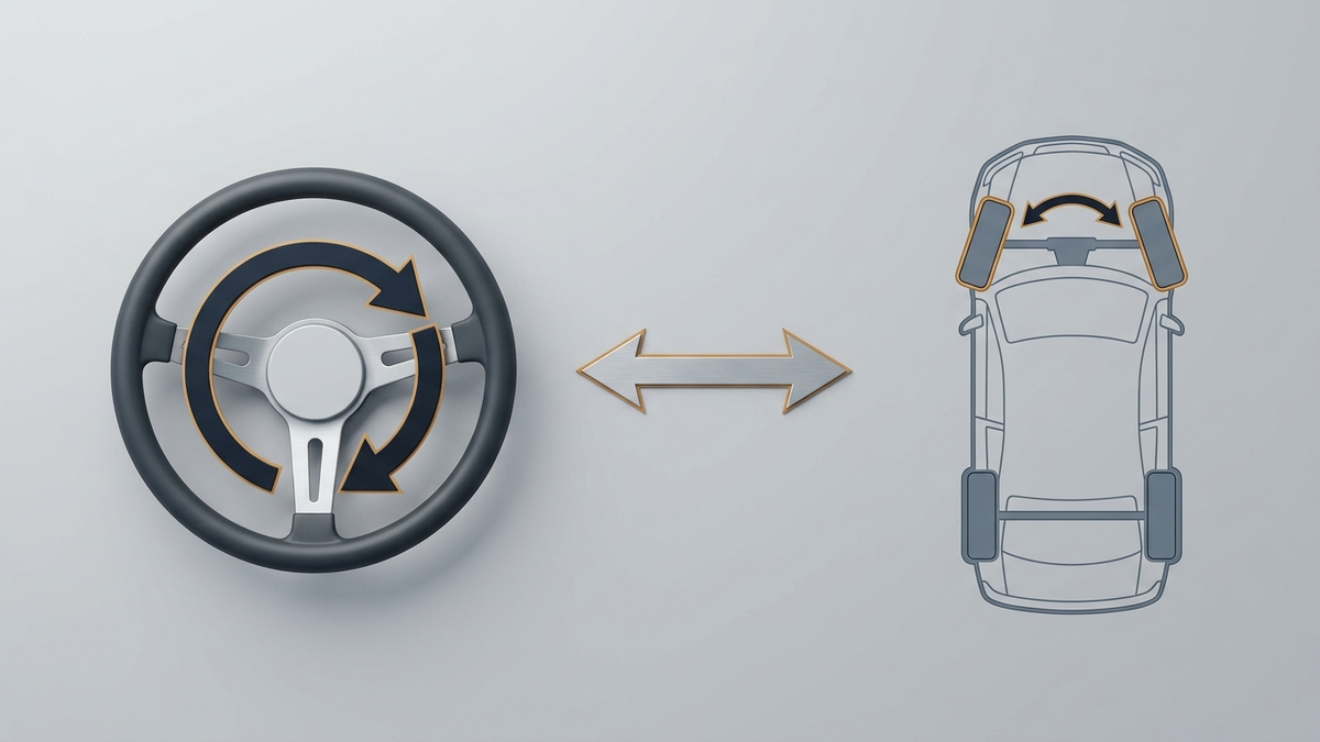 Illustration: eine technische Erklärtafel, links ein erfundenes rundes Lenkrad mit einem Bogenpfeil um die Nabe, rechts die Draufsicht eines schematischen Autos mit eingeschlagenen Vorderrädern und einem kleineren Bogenpfeil, dazwischen ein Doppelpfeil, ohne Zahlen und ohne Beschriftung