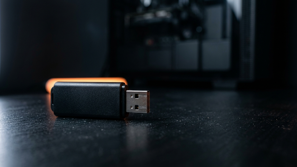 Ein schlichter schwarzer USB-Stick liegt auf einem dunklen Schreibtisch, dahinter unscharf ein Rechnergehäuse