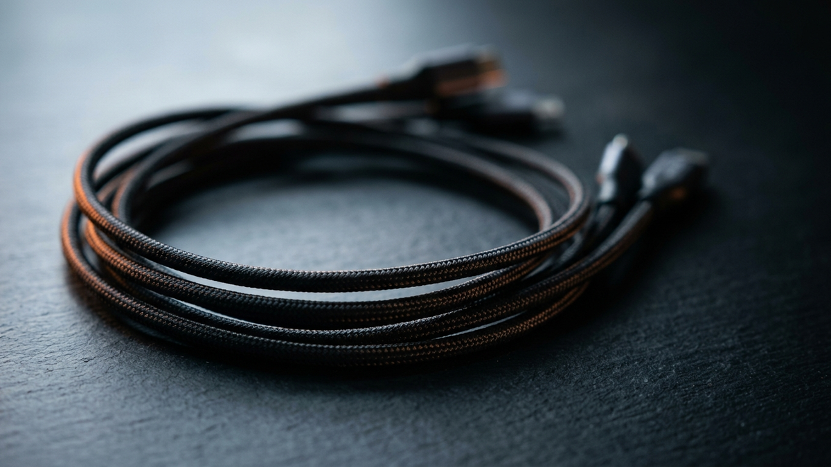 Drei schwarze Kabel liegen aufgerollt auf einem dunklen Schreibtisch, die Stecker unscharf im Hintergrund