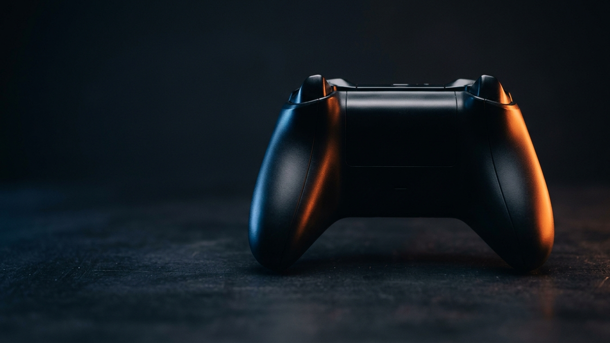 Ein schwarzer Controller von hinten im Gegenlicht, die Tastenseite liegt vollständig im Schatten