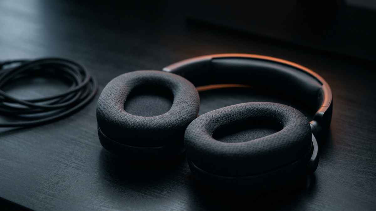 Nahaufnahme der Stoffpolster eines flach liegenden Headsets, daneben unscharf ein aufgerolltes Kabel