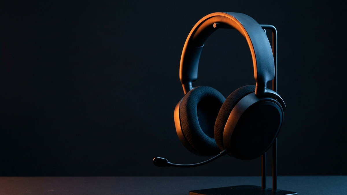 Ein schwarzes Headset hängt an einem schlichten Ständer, Bügel und Ohrmuschel im Gegenlicht