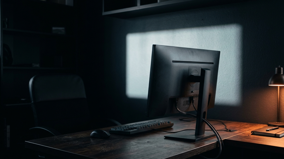 Dunkler Schreibtisch bei Nacht, ein Monitor von hinten, sein Licht liegt als heller Rechteck auf der Wand dahinter