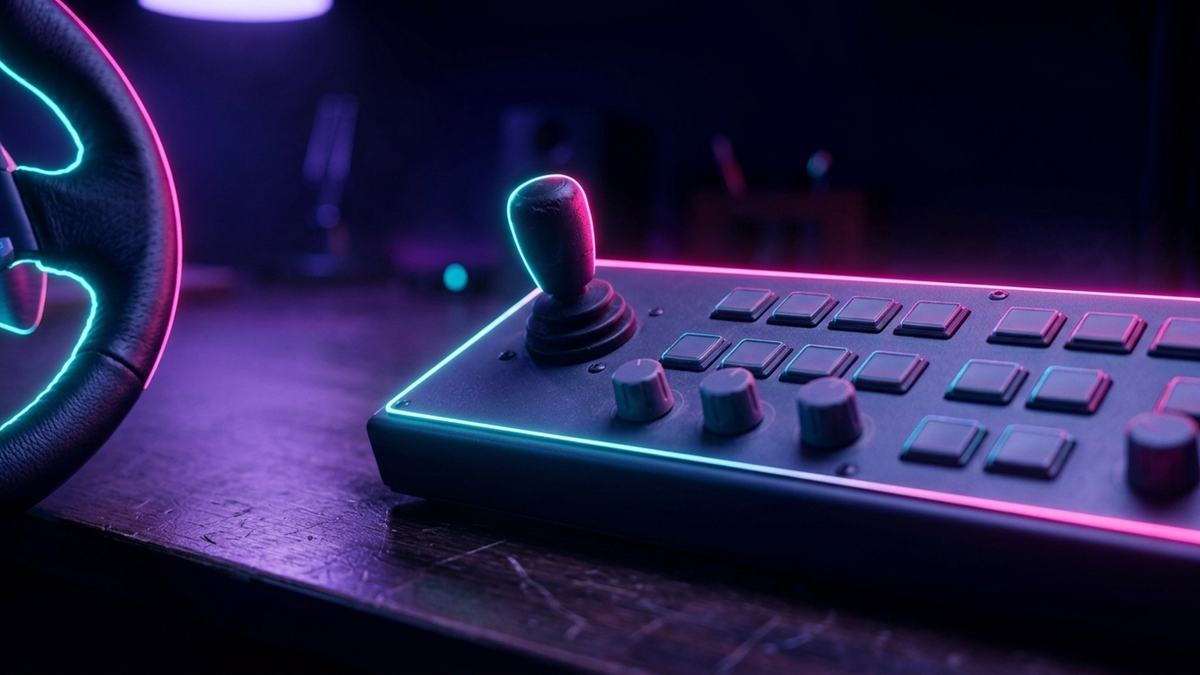 Illustration: ein mattgraues Bedienpanel mit kurzem Joystick, Drehknöpfen und unbeschrifteten Tasten auf einem Holztisch, am linken Rand angeschnitten der Kranz eines Lenkrads