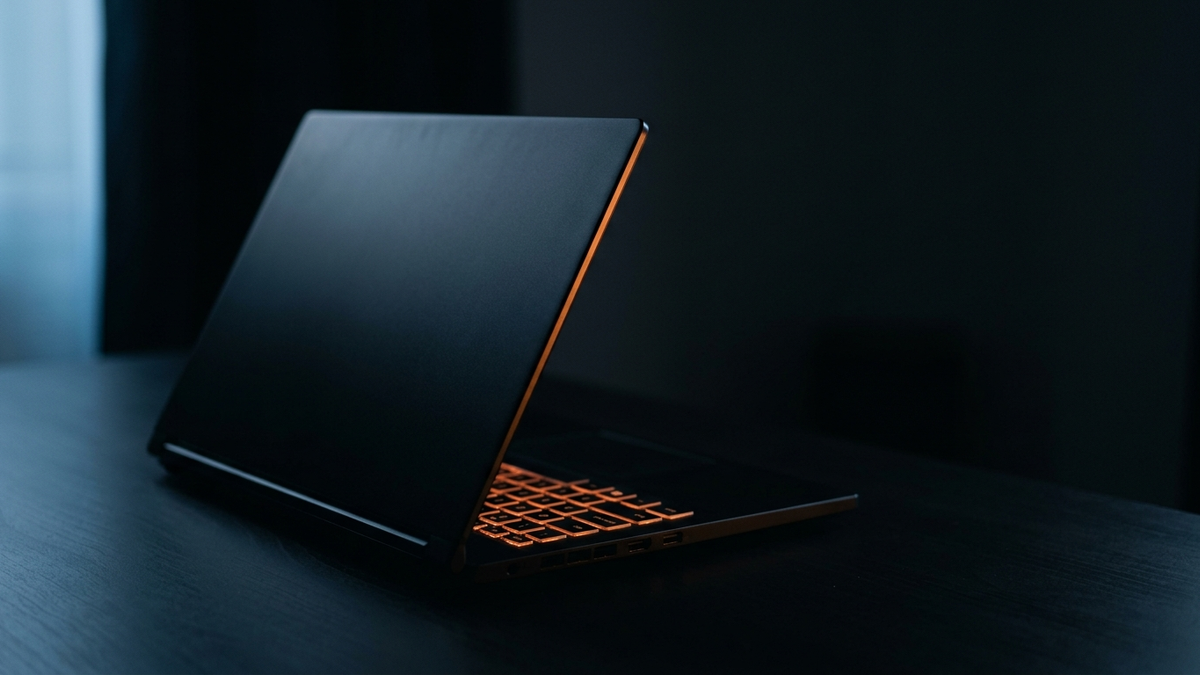 Ein schwarzer Gaming-Laptop halb geöffnet auf einem dunklen Schreibtisch, die Tastaturbeleuchtung schimmert orange zwischen den Tasten hervor