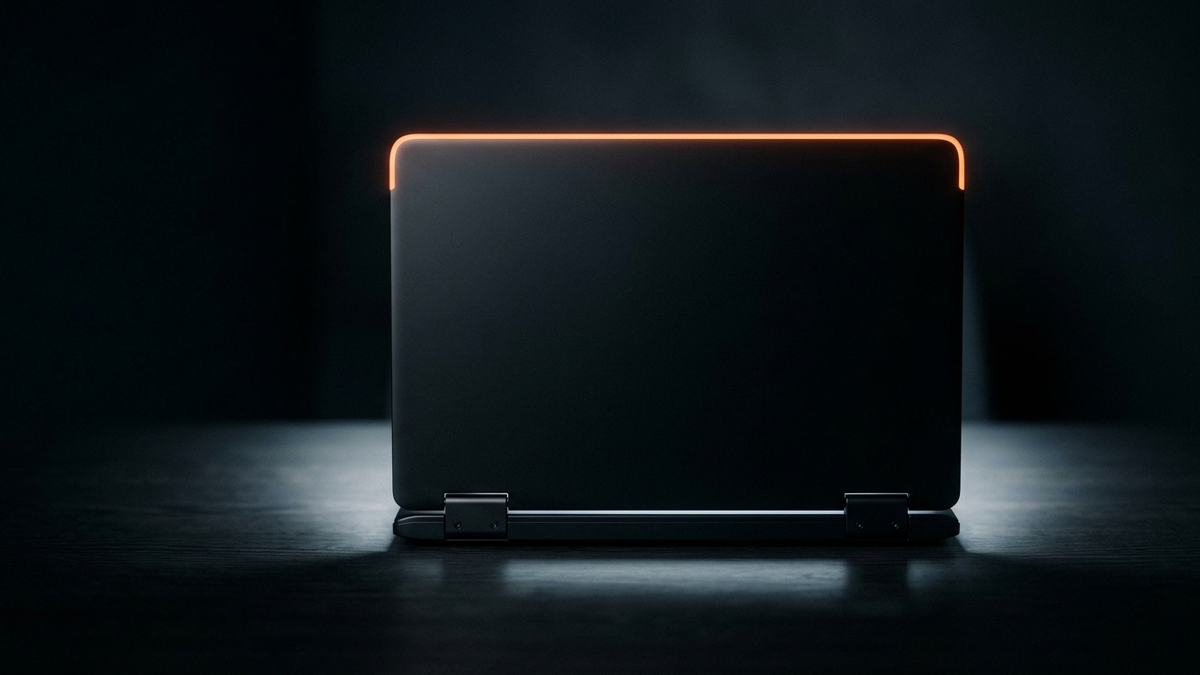Ein geöffneter Laptop von hinten, nur die Rückseite des Displays und die Scharniere sind zu sehen, sein Licht fällt nach vorn auf den Tisch