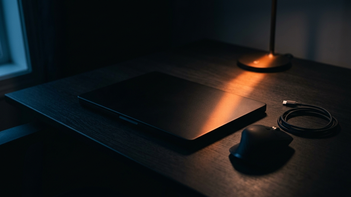 Ein geschlossener Laptop bei Nacht auf einem dunklen Schreibtisch, daneben eine Maus und ein aufgerolltes Kabel, ein Lichtstreifen quert den Deckel