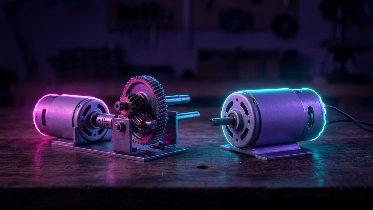 Illustration: links ein Motor, der über Zahnräder auf eine Welle wirkt, rechts ein Motor, der selbst die Welle ist – Getriebe gegen Direktantrieb