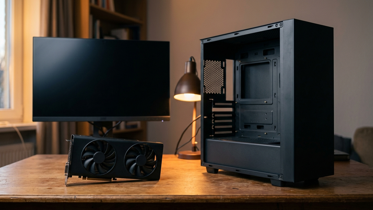 Illustration: eine schlichte Grafikkarte mit zwei Lüftern und mattem Kühlerdeckel liegt abends auf einem Schreibtisch neben einem offenen, leeren PC-Gehäuse; daneben ein ausgeschalteter Monitor und eine Tischlampe