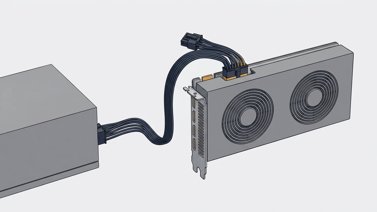 Illustration: technische Tafel mit einem 8-poligen Stromstecker und seinem Kabel, das in die Stirnseite einer schlichten Grafikkarte führt; daneben ein Netzteil als einfacher Kasten, ohne Zahlen und ohne Beschriftung