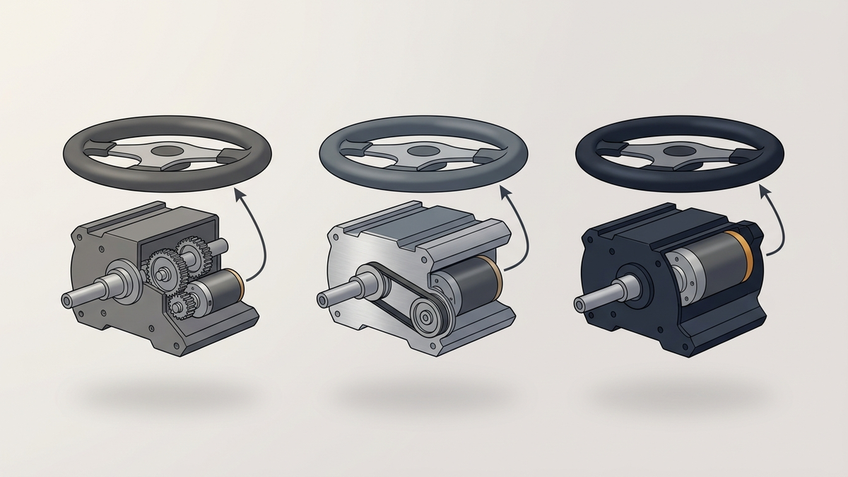 Illustration: drei schematische Schnittzeichnungen einer Lenkradbasis nebeneinander — Motor mit Zahnrädern, Motor mit Riemen und zwei Scheiben, Lenkachse direkt auf dem Motor — mit Pfeilen für den Kraftweg, ohne Zahlen und ohne Beschriftung
