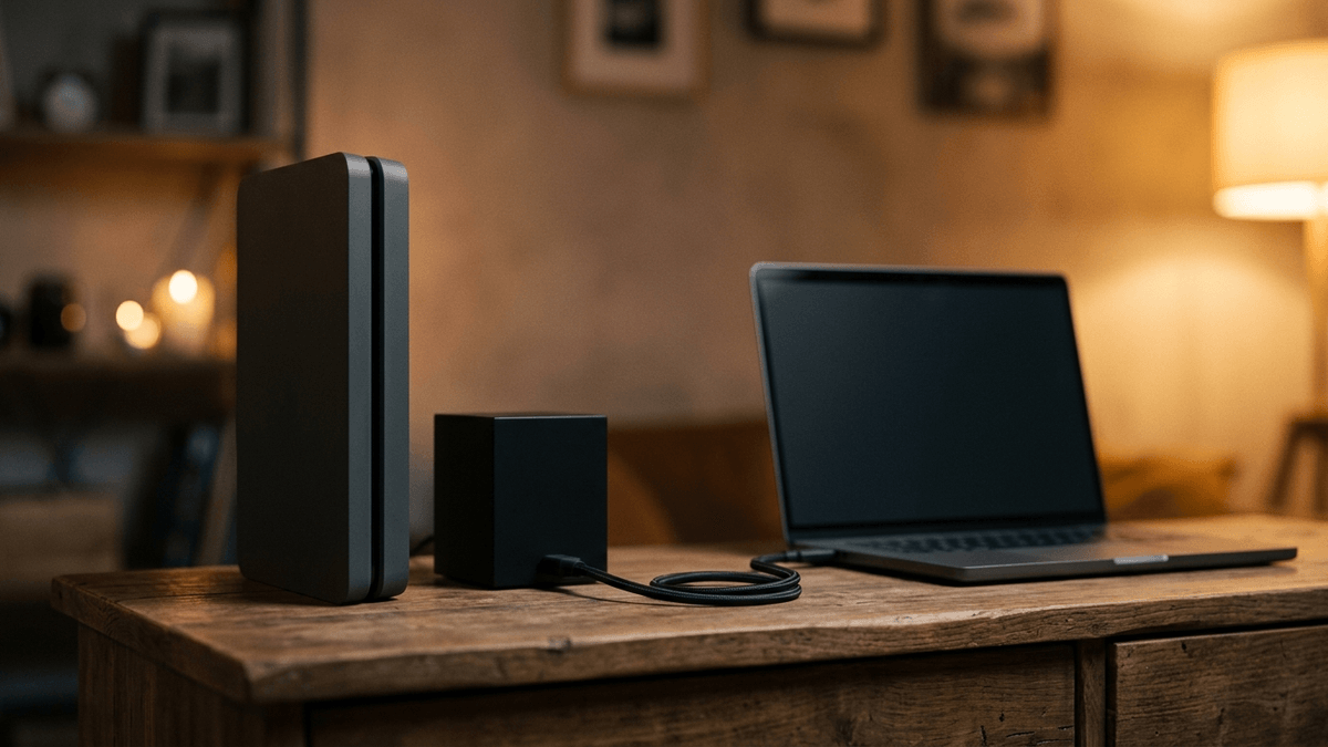Illustration: eine Spielkonsole und eine kleine schwarze Box auf einem Sideboard, von der Box führt ein Kabel zu einem Notebook mit unscharfem dunklen Bildschirm