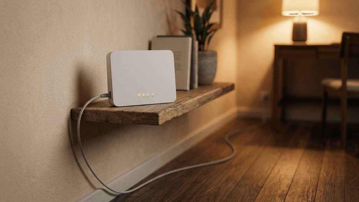 Illustration: ein schlichter Router mit kleinen Statusleuchten auf einem Regal, von dem ein Netzwerkkabel an der Wand entlang zu einem Schreibtisch führt