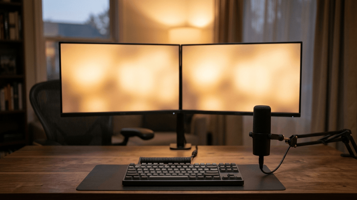 Illustration: ein Schreibtisch mit zwei Monitoren, deren Bildschirme weich unscharf leuchten, davor eine Tastatur und ein Mikrofon am Schwenkarm