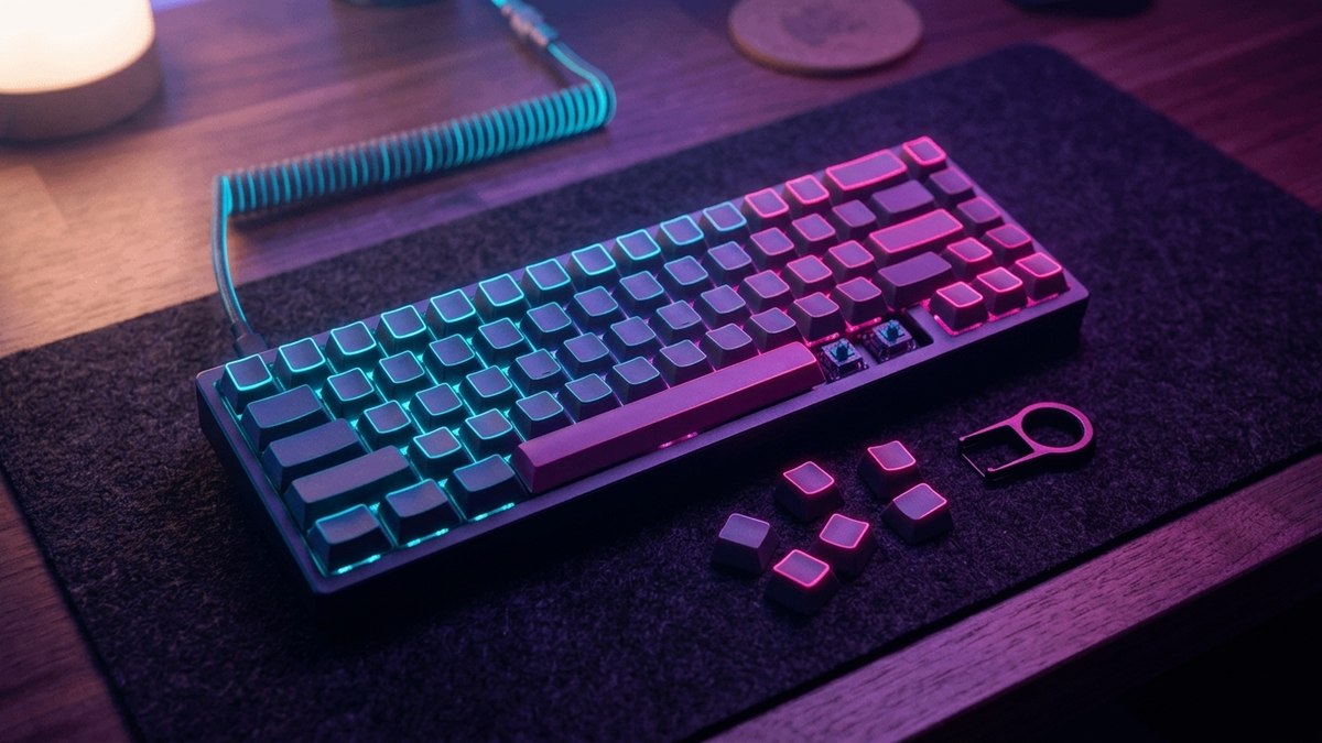 Illustration: eine kompakte Gaming-Tastatur auf einer Schreibtischmatte, bei der einige Tastenkappen abgenommen daneben liegen und die Schalter darunter sichtbar sind