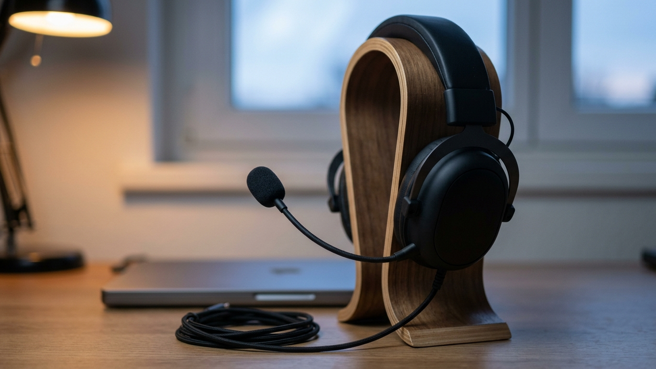 Illustration: ein schwarzes Over-Ear-Headset mit gebogenem Mikrofonarm und Schaumstoffkappe auf einem Holzständer am Schreibtisch