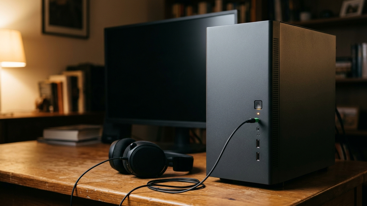 Illustration: die Vorderseite eines PC-Gehäuses auf einem Schreibtisch, in einer der kleinen runden Buchsen steckt ein Klinkenstecker, das Kabel führt zu einem Headset daneben, im Hintergrund ein dunkler Bildschirm