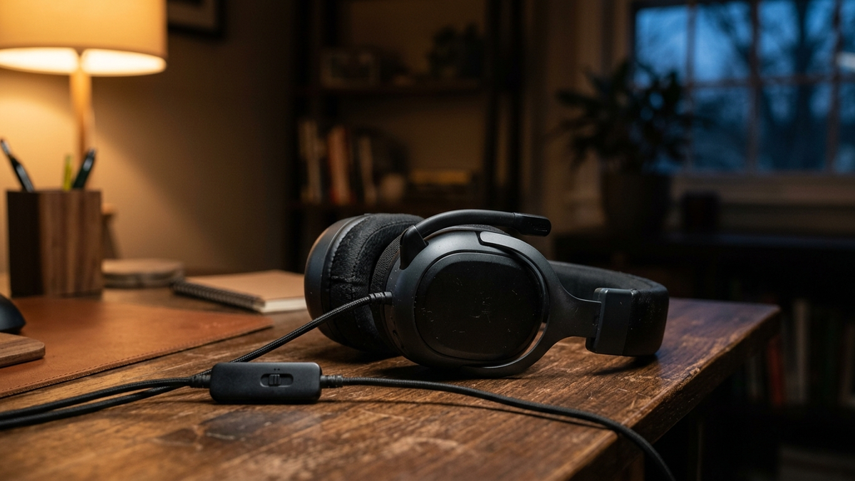 Illustration: ein Gaming-Headset liegt abends auf einem Holzschreibtisch, ein Mikrofonarm ist nicht zu sehen, am Kabel hängt ein kleiner Bedienknopf mit einem Schiebeschalter