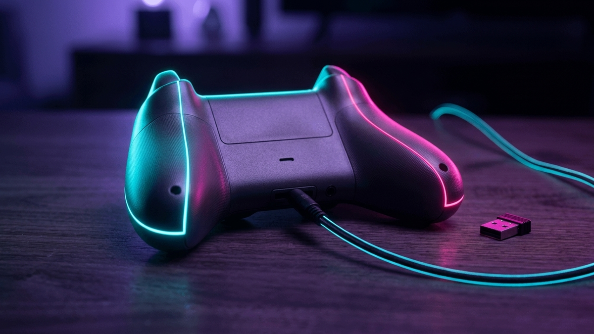 Illustration: ein Gamepad von unten mit eingestecktem Klinkenkabel eines Headsets, daneben ein kleiner USB-Funkempfänger auf einem dunklen Tisch