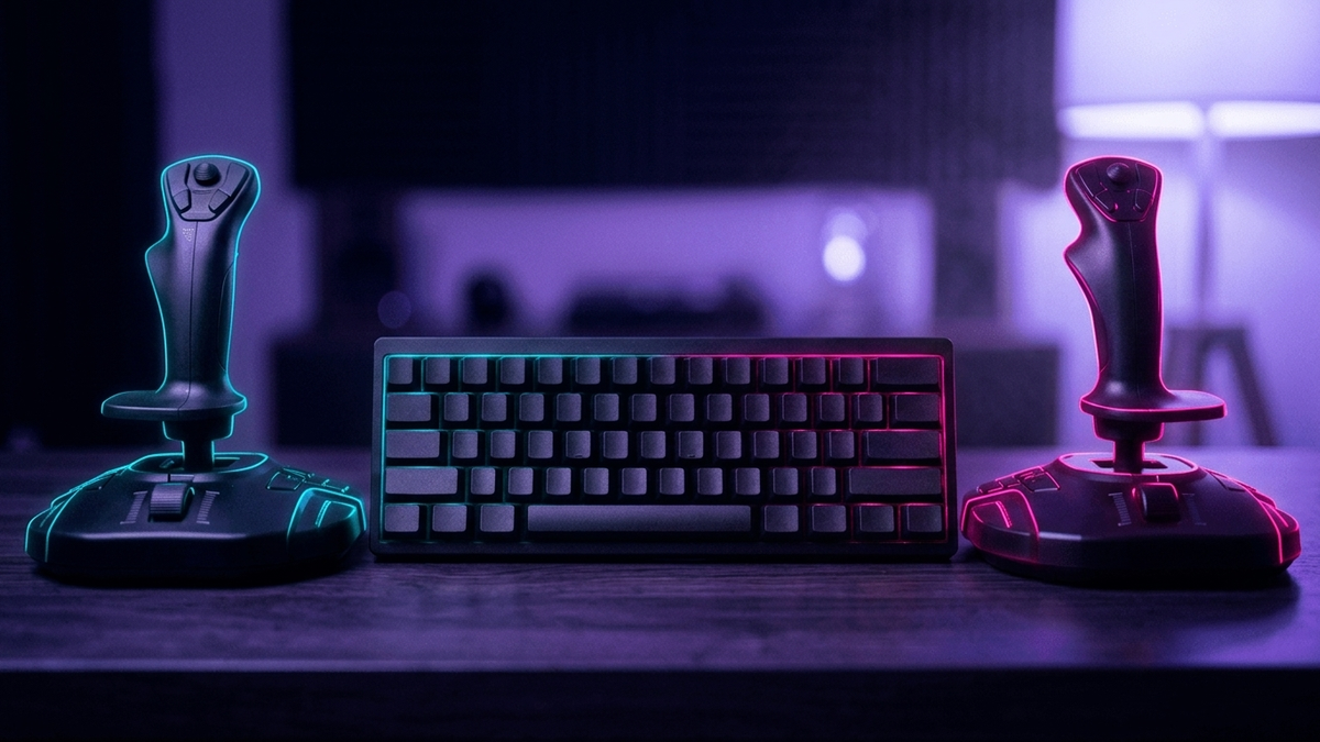 Illustration: zwei gleich große Joysticks links und rechts einer Tastatur auf einem dunklen Schreibtisch